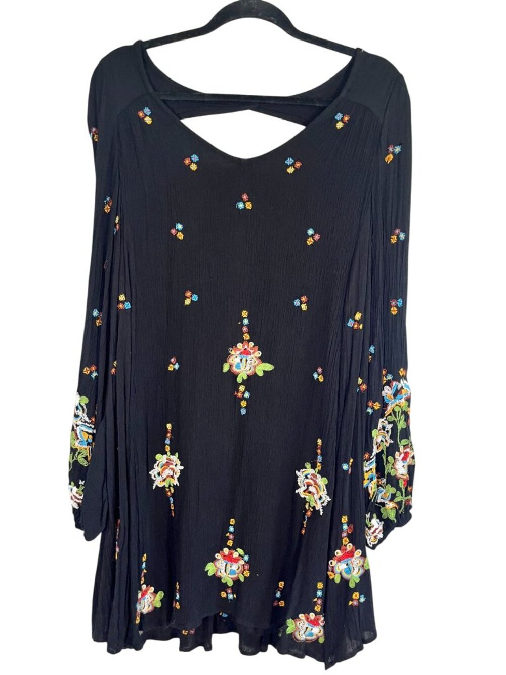Free People Floral Crinkle Tunic Top Black M Boho Indie Folk Peasant Retro Mod